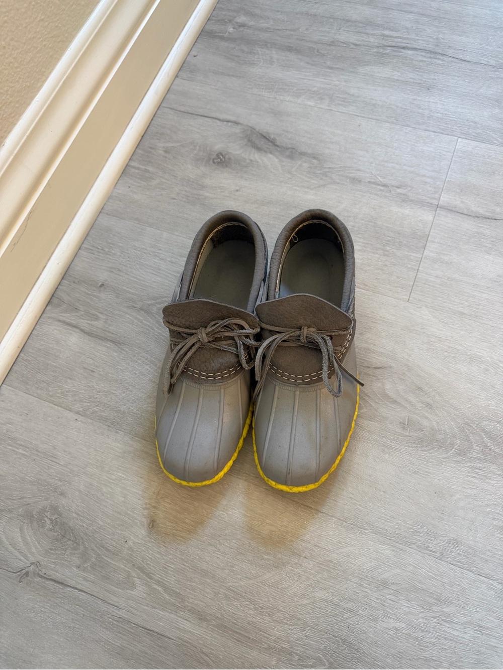L.L. Bean women's Gray Duck Boots with Yellow Outsoles